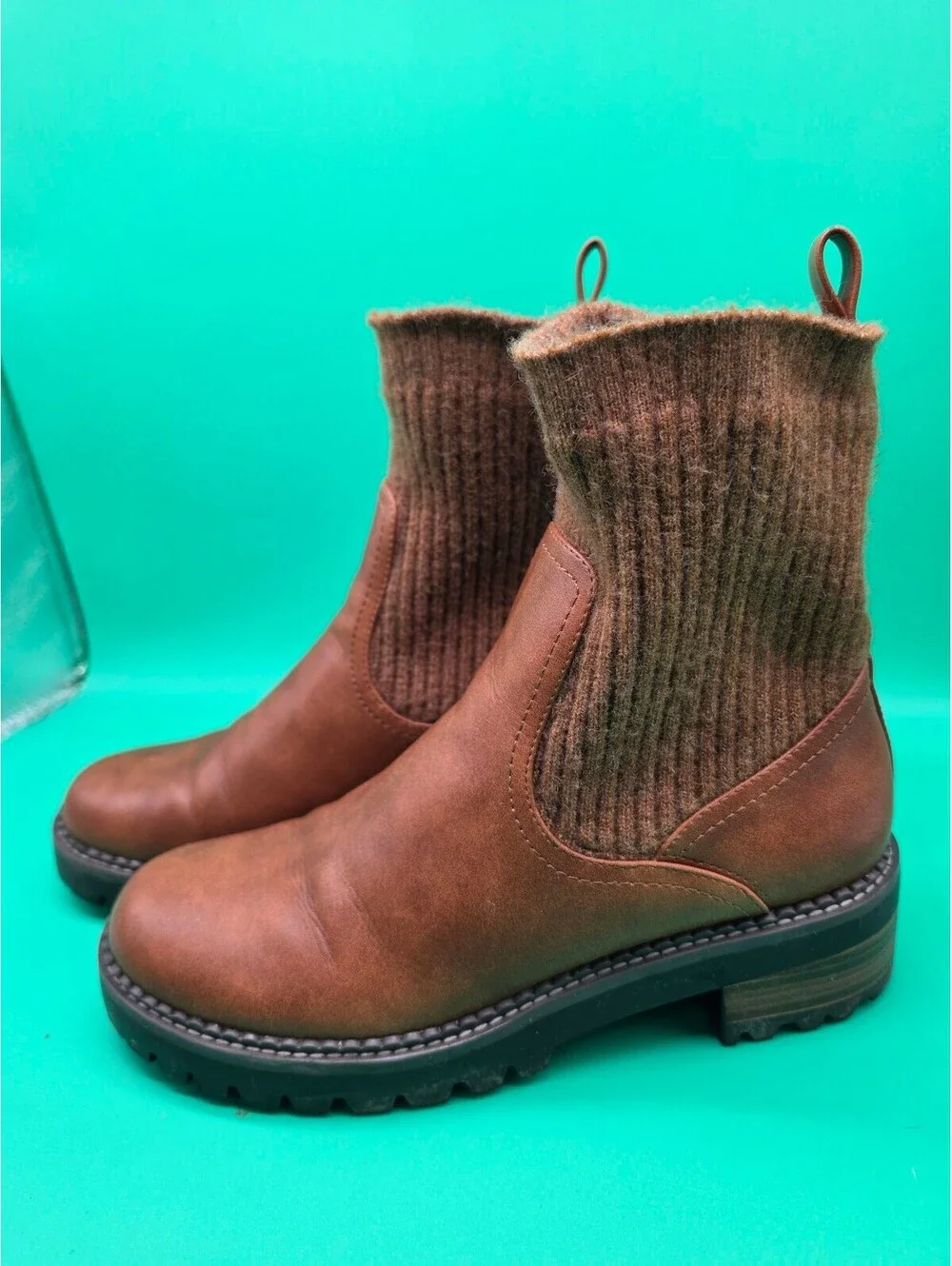 Universal Thread Women's Brown Leather Knit Sock Ankle Boots Lug Sole Size 11